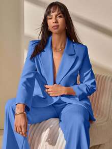 CLARA VERO Blazer With Single Button Closure And Flap Pockets, Paired With Matching High-Waist Trousers, Elegant Two Pieces Suit Set - Biru - View 1