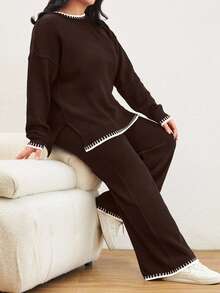 EURMUSE Color Block Edged Long Sleeve Sweater And Knitted Pants Two Pieces Set - Brown - View 6