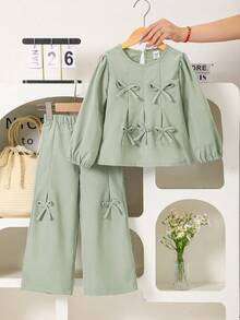 SHEIN Playful Pals 2pcs/Set Young Girl Stylish & Sweet Bow Decor Top + Wide Leg Pants Outfit, Spring/Autumn - Green - View 4