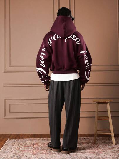 SUMWON Crop Fit Men Full-Zip Hoodie With Script Text Graphics Burgundy Casual Fall Winter Outerwear