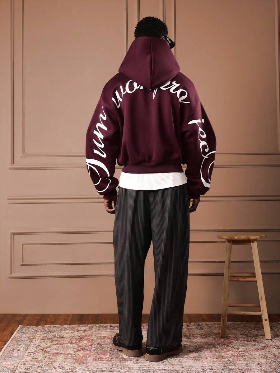 SUMWON 短款男式全拉链连帽衫，带文字图案，酒红色休闲秋冬外套 - 酒紅色 - 查看 1