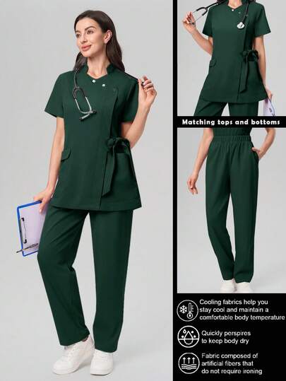 Scrubzie ชุดเซ็ตเครื่องแบบสครับ เสื้อแขนสั้นผูกโบว์ และกางเกงขายาว ลดเลือนริ้วรอย