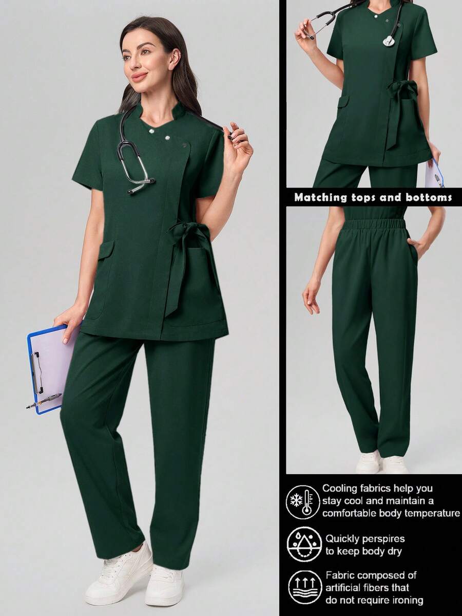 Scrubzie Anti-Wrinkle Short Sleeve Tie-Up Long Shirt And Long Pants Scrub Uniform Set - Dark Green - View 1