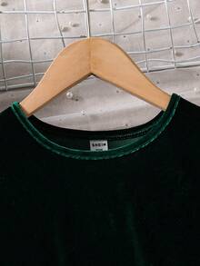 SHEIN Robe de soirée élégante pour filles en velours avec manches en maille contrastée, col rond, manches longues et ourlet pailleté. Convient pour les sorties, les rassemblements et les banquets - Vert sapin - Voir 5