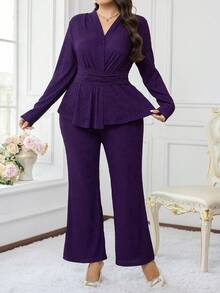 Modelyn Plus Size Women Solid Color Waist Ruched Lantern Sleeve Shirt And Flare Pants Elegant 2 Pieces Set - Purple - View 4