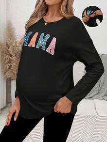 SHEIN Maternity Letter Print Round Neck Long Sleeve Casual Nursing Top Mama Shirt Pregnancy Shirts Breastfeeding Shirt Maternity Shirts - Black - View 3
