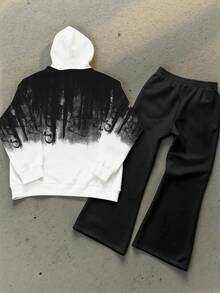 Manfinity Dauomo 2 piezas Conjunto de Hombre con Estampado Degradado, Sudadera con Capucha de Manga Larga Casual y Cómoda y Pantalones con Pierna Acampanada, Adecuado para Uso Casual Diario - Negro - Ver 2