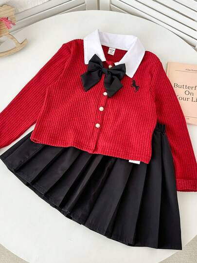 Genkimix Kids 春秋新款韩版女童蝴蝶装饰拼布衬衫领针织开衫+百褶裙两件套，学院风