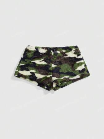 J-Fashion Women's Retro Y2K All-Match Versatile Bow Decor Camouflage Fuzzy Fabric Shorts