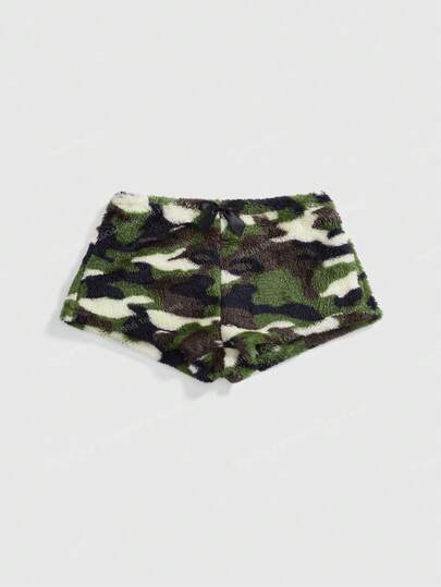 J-Fashion Women's Retro Y2K All-Match Versatile Bow Decor Camouflage Fuzzy Fabric Shorts