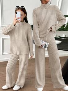 SHEIN مجموعة ملابس علوية كم طويل رقبة عالية مضلع مناسب وبنطال ساق واسعة مريح للفتيات المراهقات، للعودة إلى المدرسة، للارتداء اليومي أو التنسيق مع طبقات أخرى - كاكي - مشاهدة 2