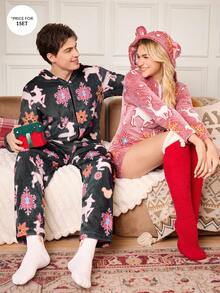 CoupledUp Christmas Deer & Snowflake Fleece Long Sleeve Jumpsuit Men's Pajama - Grey - View 1