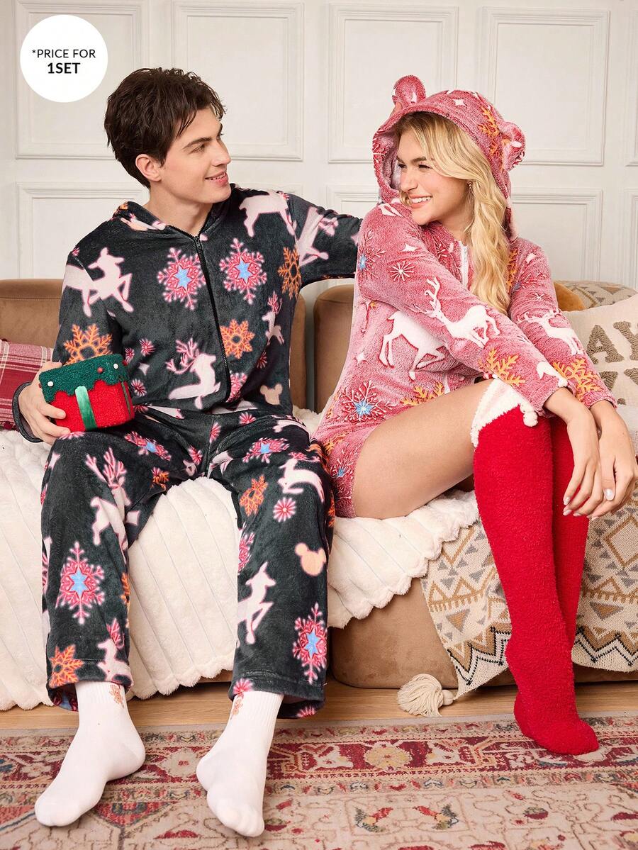 CoupledUp Christmas Deer & Snowflake Fleece Long Sleeve Jumpsuit Men's Pajama - Grey - View 1