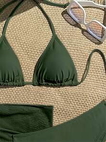 Nevyona Bộ đồ bơi bikini gợi cảm buộc dây màu trơn đi biển mùa hè dành cho nữ kèm áo choàng và chân váy, bộ 3 món - Màu xanh lá cây đậm - Xem 3