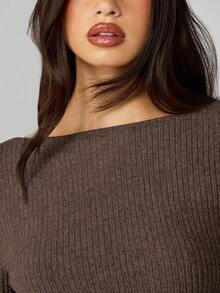 MISSGUIDED Ribbed Knit Bodycon Mini Dress Long Sleeve Off Shoulder Sweater Dress Fall Winter Cozy Casual - Brown - View 4