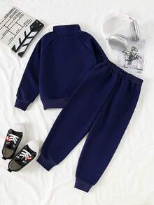 Young Boy Letter Print Zip-Up Polo Sweatshirt And Pants Casual Outfit - Navy - View 2