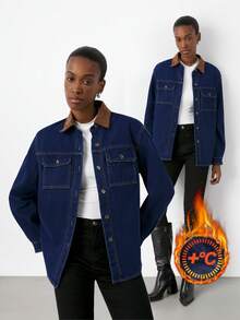 Maija Women's Plush Denim Coat, Contrasting Color Long-Sleeved Shirt, Casual Wear, Dark Blue Loose Denim Top, Thanksgiving