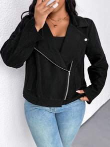 Juhart Plus Size Casual Solid Color Lapel Neck Zip-Up Jacket, Autumn - Black - View 5