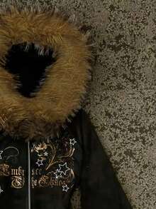 Glimmora 女式复古短款毛领连帽运动衫 - 黑色 - 查看 4