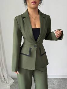 Elenzga 女士优雅通勤军绿色翻领仿口袋设计黑色纽扣装饰长袖修身西装外套 + 女士优雅通勤军绿色修身直筒裤 - 軍綠色 - 查看 4