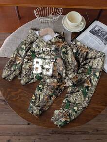 2pcs/Set Young Boy Leaf & Camouflage Print Hoodie Sweatshirt And Pants Outfit, Casual Sports Streetwear, Suitable For Autumn/Winter
