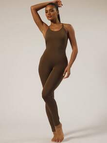 MUSERA ESSENTIALS Strappy Fitted Jumpsuit Catsuit Basic Autumn Winter Casual Going Out Everyday Night Out Sexy Cute Cosy - Coffee Brown - View 5