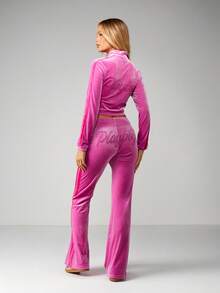 Missguided x Playboy Pantalones acampanados con cintura plegable en tela de terciopelo lujosa para comodidad y estilo casual