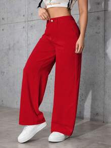 SHEIN PETITE Quần jean ống đứng dáng rộng màu trơn thường ngày có đai thắt lưng cho nữ - Đỏ - Xem 5