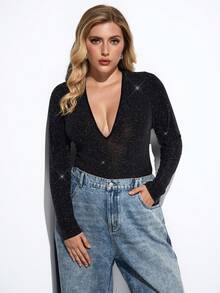 Maija Plus Size Women's Black Sequin V-Neck Bodysuit Bodysuit Plus Size Sequin Plus Size Tops Plus Size Plus Size Sweater Plus Size Jumper - Black - View 7