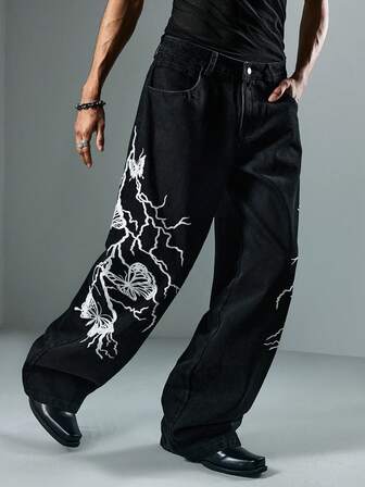 Street Life Men's Dark Lightning Butterfly Embroidery Denim Jeans