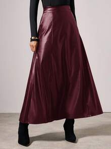 COSMINA Saia Longa de PU com Folha de Lótus de Cor Sólida e Elegante, Outono/Inverno - Vinho - Visão 5