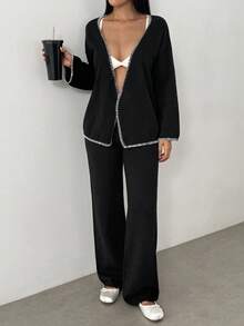 FavEase Set de 2 piezas de mujer con cardigan holgado de contraste y pantalones de punto - Blanco y Negro - Ver 8