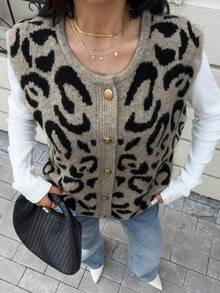 女士豹纹圆领单排扣休闲针织背心，秋冬季毛衣背心 - 彩色 - 查看 6