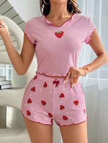 Snug Zone Conjunto de pijama con estampado de fresa y ribete de volantes para mujer - Multicolor - Ver 5