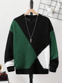 Teen Boy Colorblock Crew Neck Soft Comfortable Dropped Shoulder Long Sleeve Casual Loose Knit Sweater, Autumn/Winter Geometric Sweater Knitwear Black Green Sweater Sweaters For Teen Boys Boys Knitwear Knit Sweater For Teen Boys