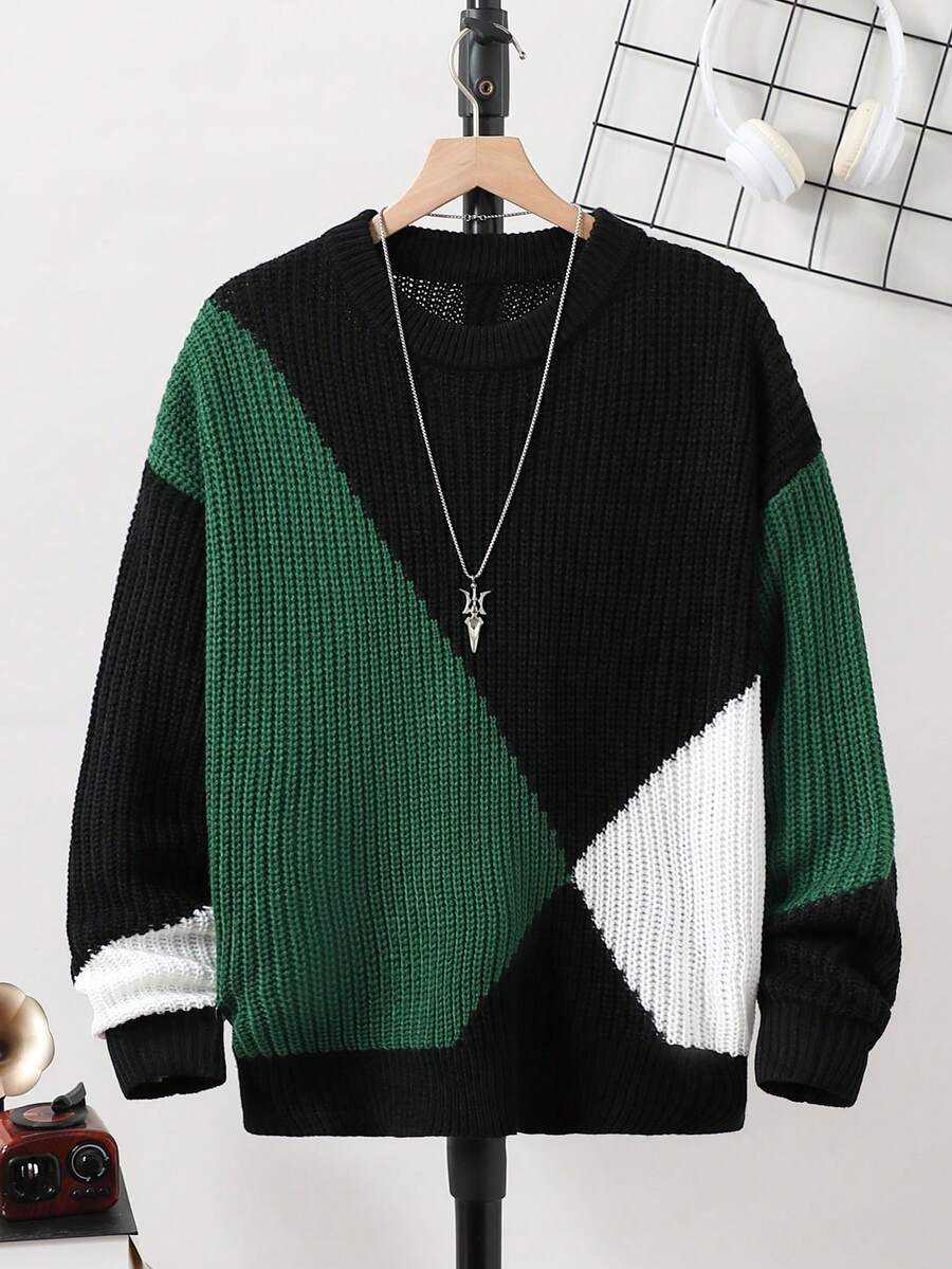Teen Boy Colorblock Crew Neck Soft Comfortable Dropped Shoulder Long Sleeve Casual Loose Knit Sweater, Autumn/Winter Geometric Sweater Knitwear Black Green Sweater Sweaters For Teen Boys Boys Knitwear Knit Sweater For Teen Boys