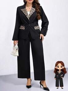 SHEIN Clasi 大码女式套装，优雅豹纹拼接领口和口袋设计，金属纽扣装饰，适合秋冬季节穿着。 - 彩色 - 查看 4