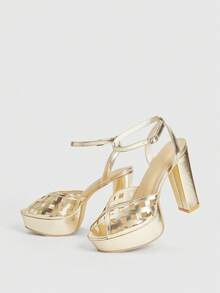 CUCCOO LuxiPop 全新防水厚底镂空粗跟性感时尚女士高跟凉鞋 - 金色 - 查看 6