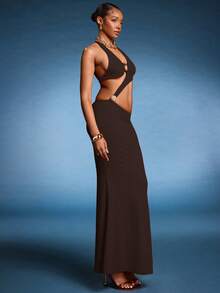 Normani 女士性感深V露背金属花朵长裙，春夏度假装 - 棕色 - 查看 4