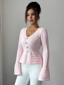 SHEIN PETITE Fashionable V-Neck Flare Sleeve Long Sleeve Women Sweater - Pink - View 6