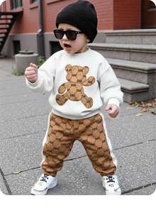 SHEIN 新生男婴休闲可爱卡通图案长袖卫衣和裤子套装，秋冬 - 彩色 - 查看 1