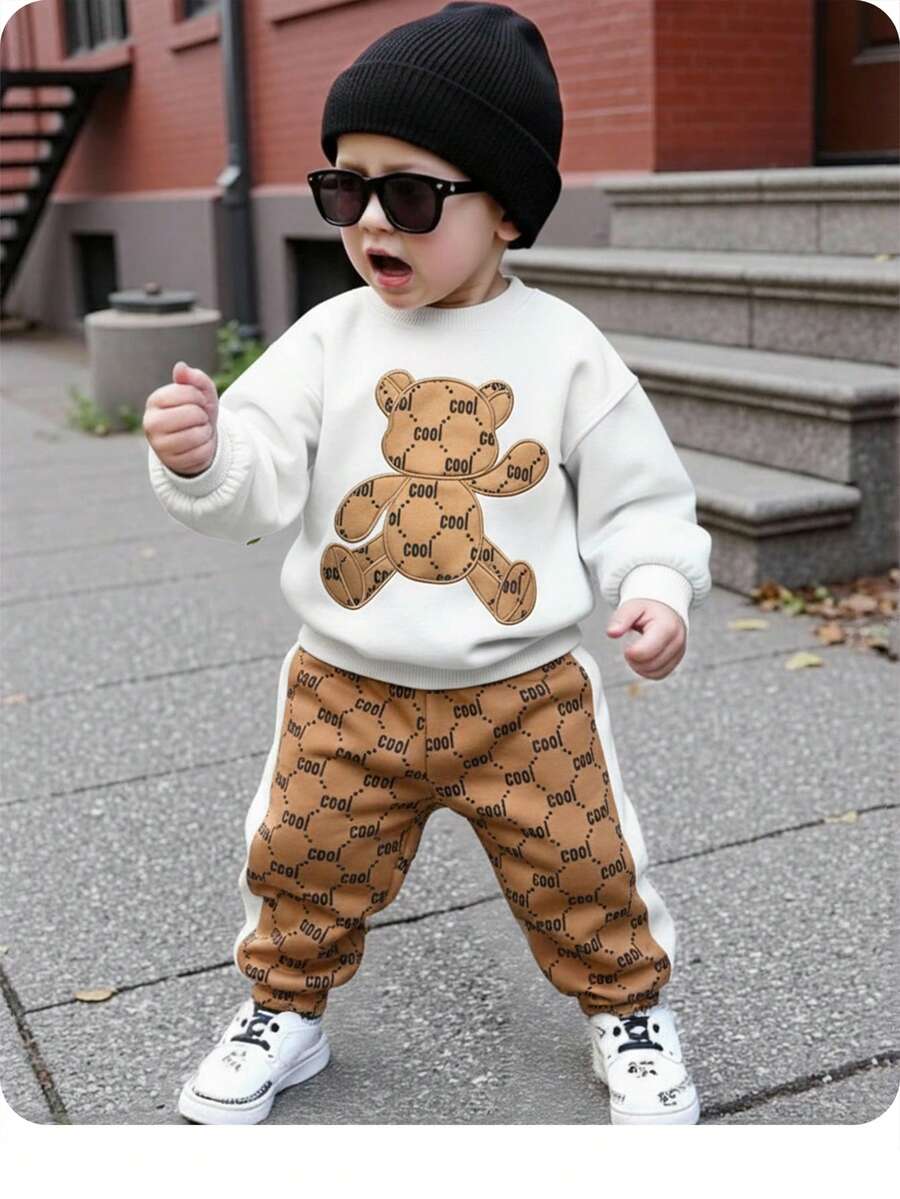 SHEIN 新生男婴休闲可爱卡通图案长袖卫衣和裤子套装，秋冬 - 彩色 - 查看 1