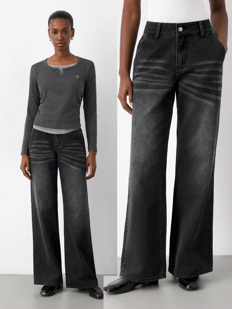 SHEIN Maija Women's Black Jeans Casual Straight Pants Retro Casual Wear Winter Clothes For Women