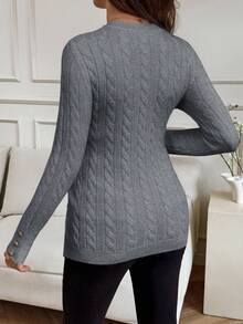 MaterniWear 孕妇休闲圆领长袖麻花图案毛衣，秋冬 - 灰色 - 查看 2
