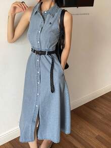 DAZY 女式夏季有领无袖刺绣装饰腰部收紧A字长款牛仔连衣裙 - 中等水洗藍 - 查看 4