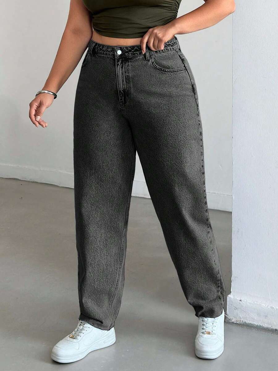 EURMUSE Plus Casual High Waist Snow Wash Mom Fit Jeans - Light Grey - View 1