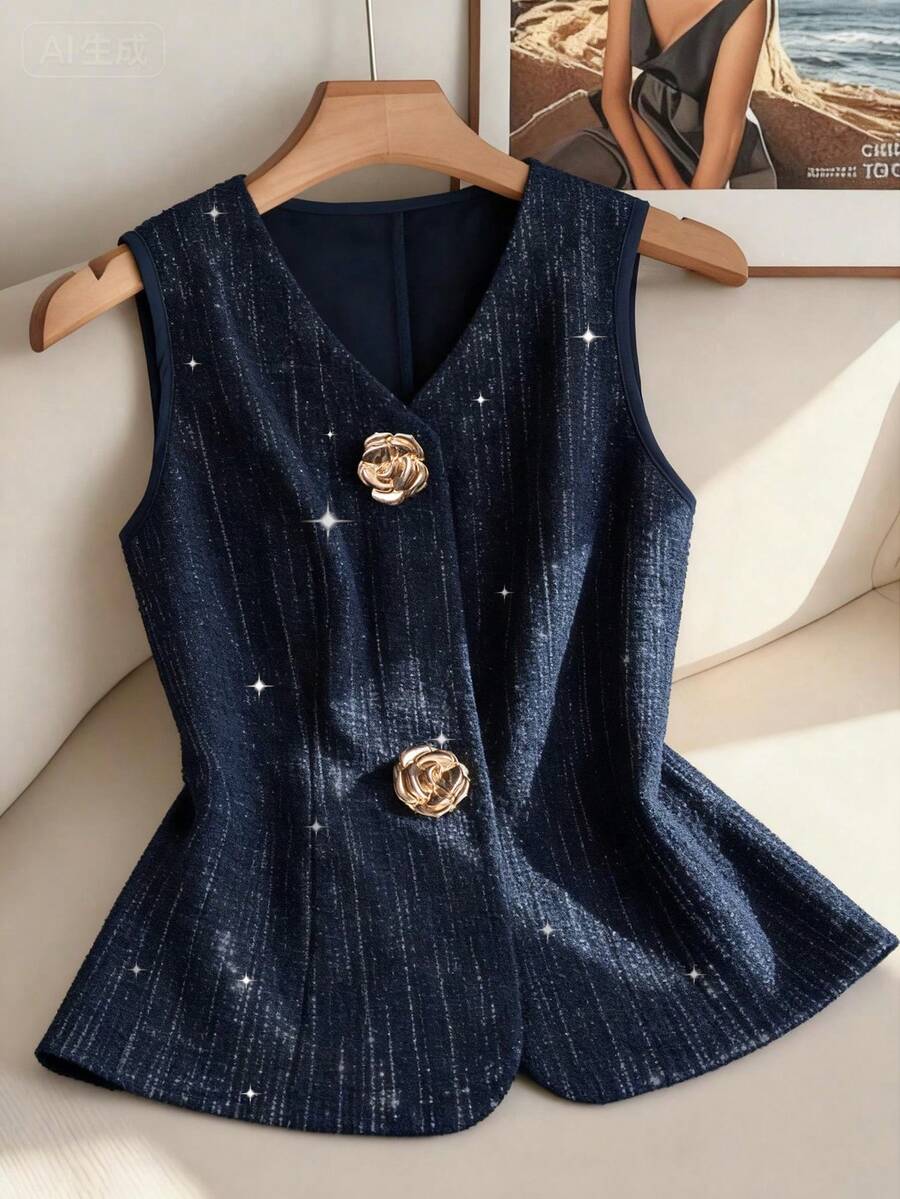 Franclia 大码女式优雅复古浪漫银线纯色V领无袖玫瑰金属手工缝制纽扣针织上衣，春秋季常规款 - 寶藍色 - 查看 1