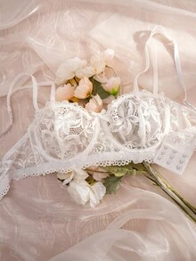 Crystal Vow 2 件套女士蕾丝拼接蝴蝶结钢圈薄杯舒适文胸套装 - 白色 - 查看 4