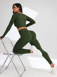 SHEIN Core Rhythm Conjunto deportivo casual y versátil de mujer con cuello redondo y mangas raglán cortas - Verde - Ver 7