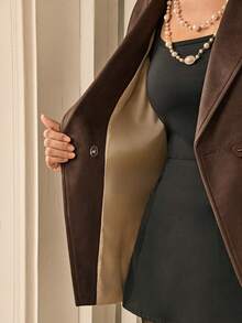 Aveloria Rosie Women's Faux Suede Lapel Double-Breasted Multi-Panel Long Sleeve Jacket - Brown - View 7